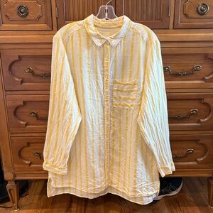 Anthropologie Maeve Linen Tunic Top Women 1X Yellow Striped Button Up Beach Lux